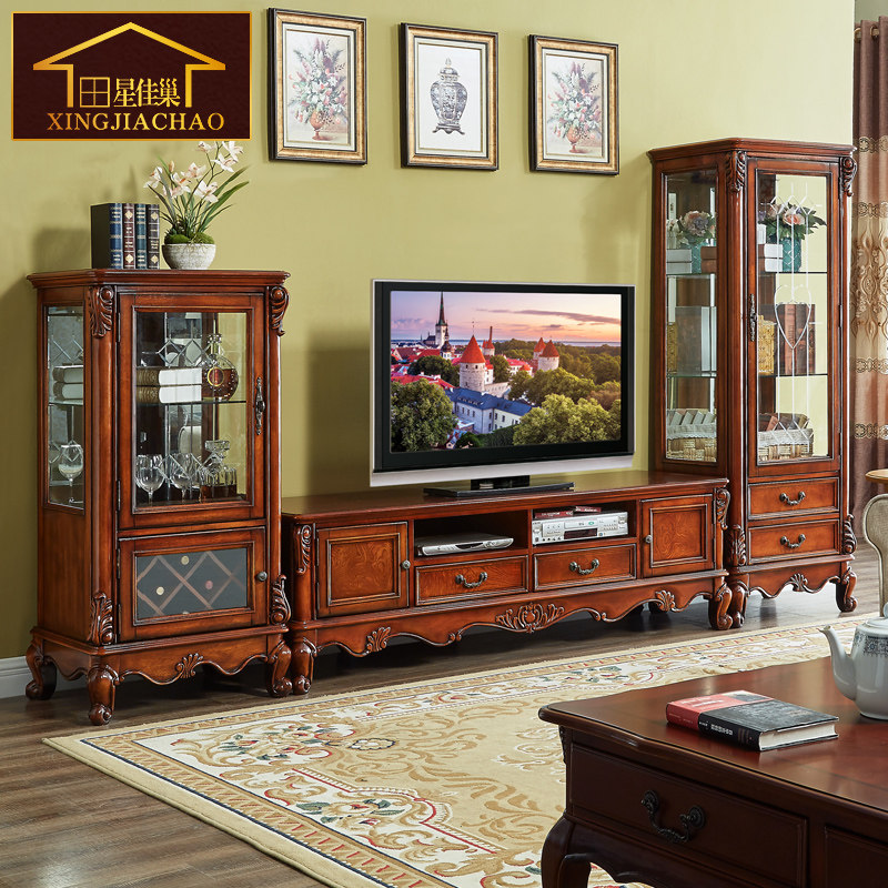 American solid wood TV enclosure combined wine cabinet suit European-style living room furniture minimalist retro tea table land cabinet