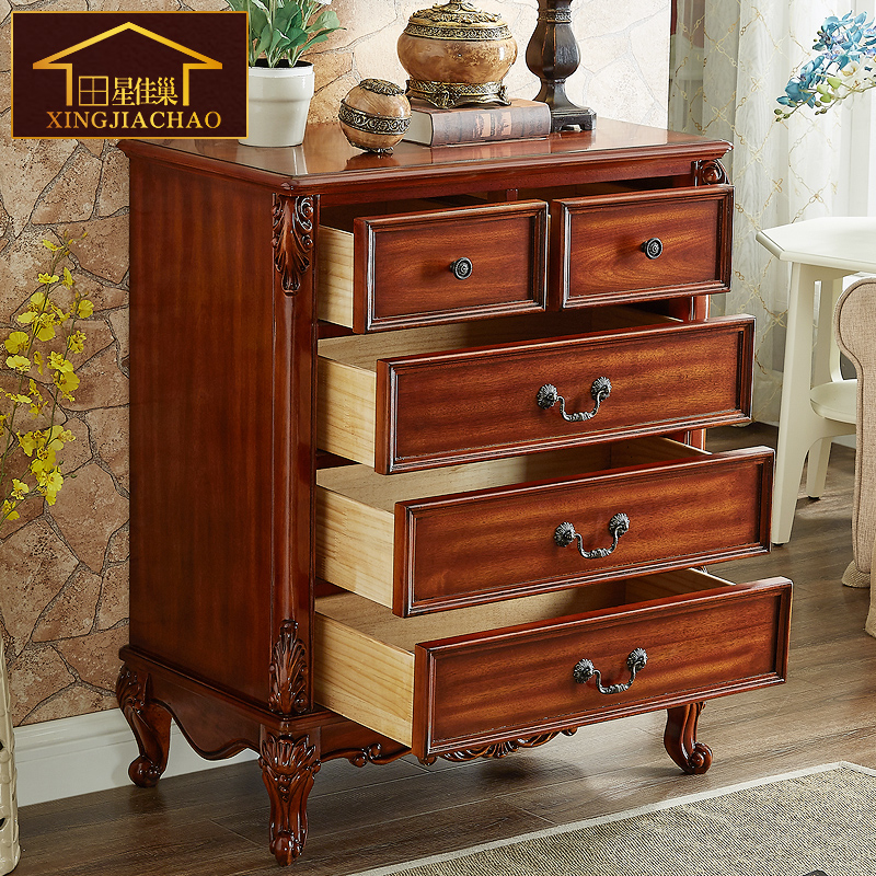 American country chest of drawers solid wood bedroom furniture carved bucket cabinet large capacity storage locker six bucket cabinet