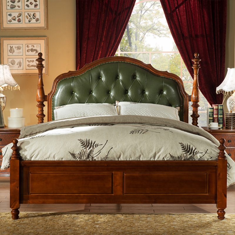 American country all solid wood leather bed bedroom double princess bed European green leather villa master bedroom simple wedding bed