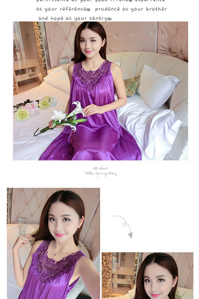 Mùa hè băng lụa đồ ngủ không tay nightdress ladies rắn màu sling sexy ren lụa phần mỏng dịch vụ nhà nữ