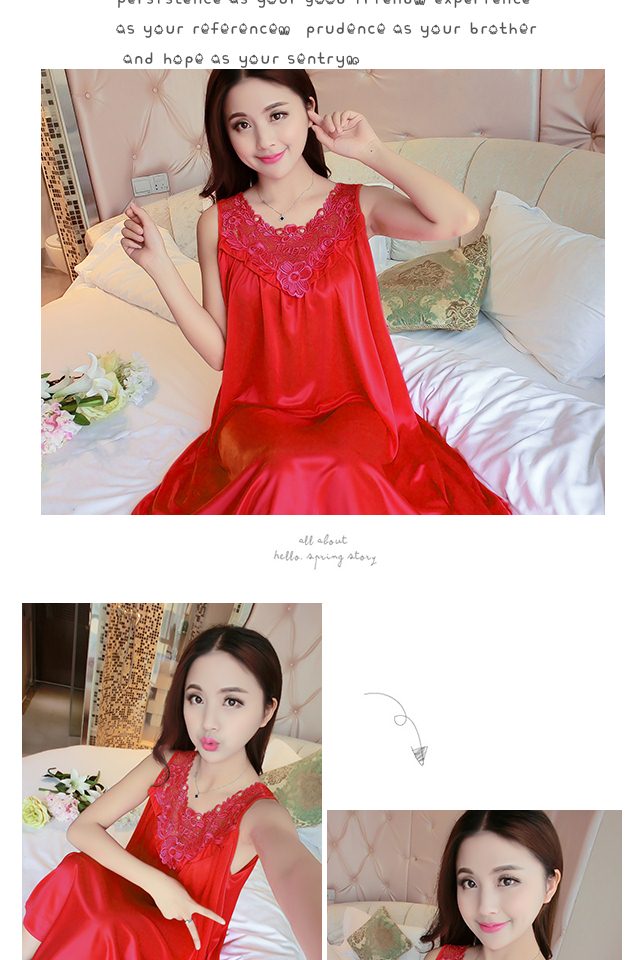 Mùa hè băng lụa đồ ngủ không tay nightdress ladies rắn màu sling sexy ren lụa phần mỏng dịch vụ nhà nữ