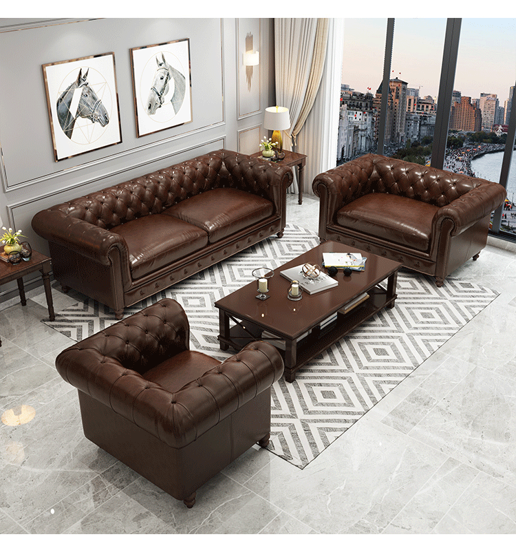 Sofa da retro cổ điển Nội thất phòng khách Mỹ căn hộ nhỏ trên cùng lớp da bò nghệ thuật kéo nút kết hợp ba người - Ghế sô pha sofa giá rẻ
