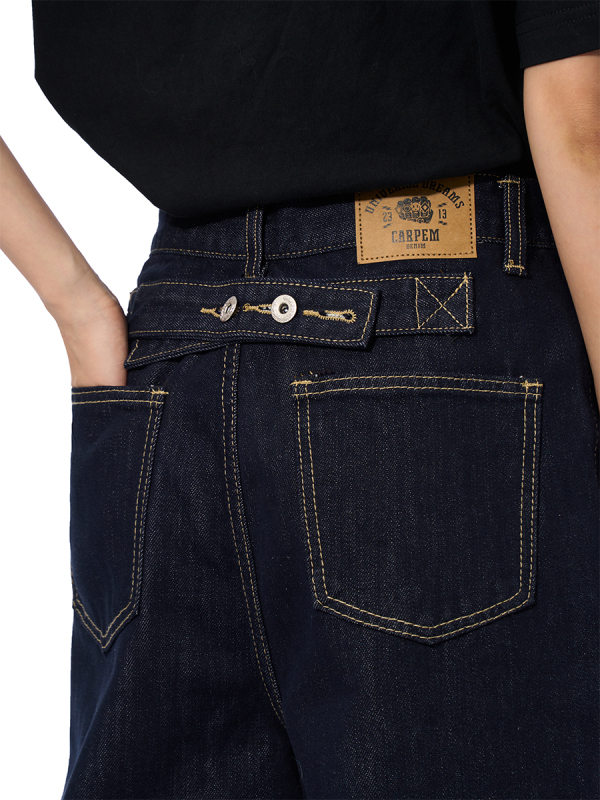 Peoede American Retro Selvedge Denim Dark Blue Jeans for Men, Trendy Loose Design Straight-Leg Casual Pants