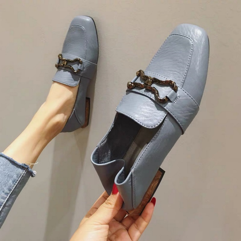 Tide brand smog blue square toe loafers women 2022 spring new shallow mouth flat bottom low heel single shoes comfortable small leather shoes women
