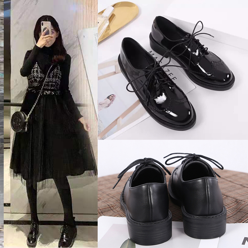 British style small leather shoes women's lace-up 2022 spring new brogue shoes women's work shoes women's black flat soft bottom