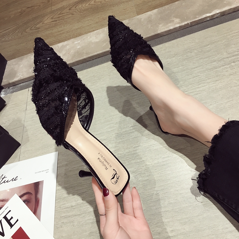 Tide brand 2022 summer new net red lace Baotou semi-slippers women's outerwear celebrities pointed toe stiletto high-heeled sandals and slippers