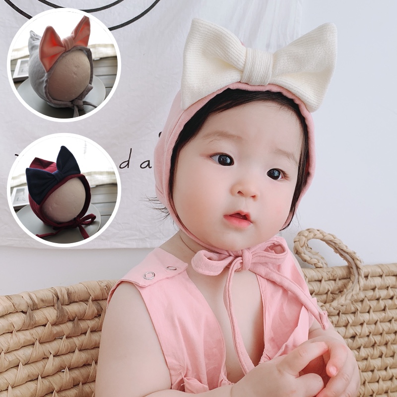 South Korean baby autumn and winter cute female baby pink butterfly knot tire cap pure cotton princess tip lacing elf hat