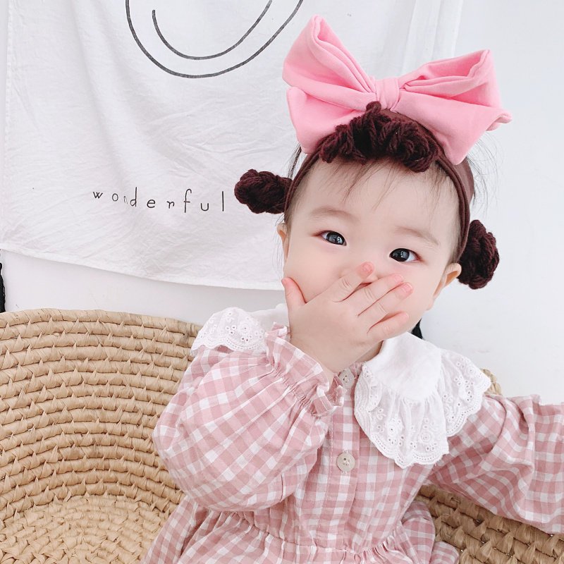 Korean version of the big bow pink children's hair ornaments Baby pigtail bundle wig belt cotton girls headdress hair ring