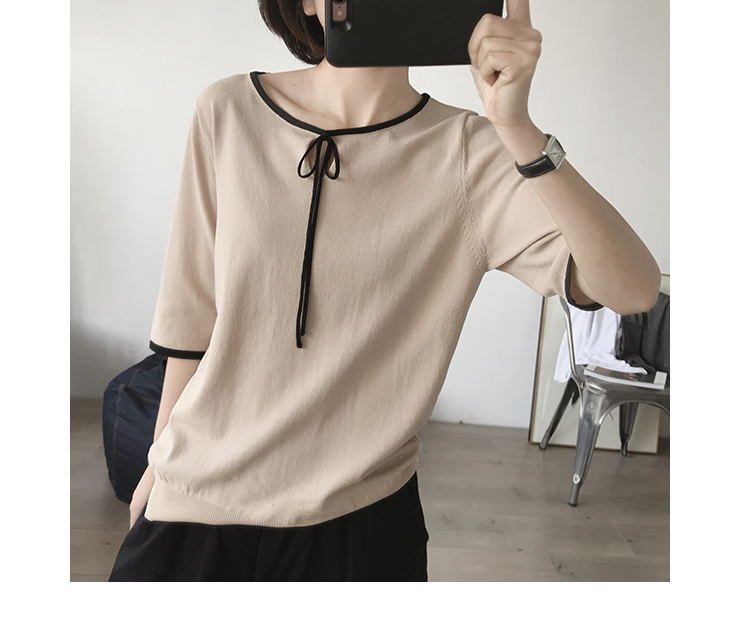 Ren-up t-shirt của phụ nữ vòng cổ bow nửa tay áo nhỏ tươi mùa hè ngọt ngào tuổi năm điểm tay áo len mỏng áo phông nữ trắng
