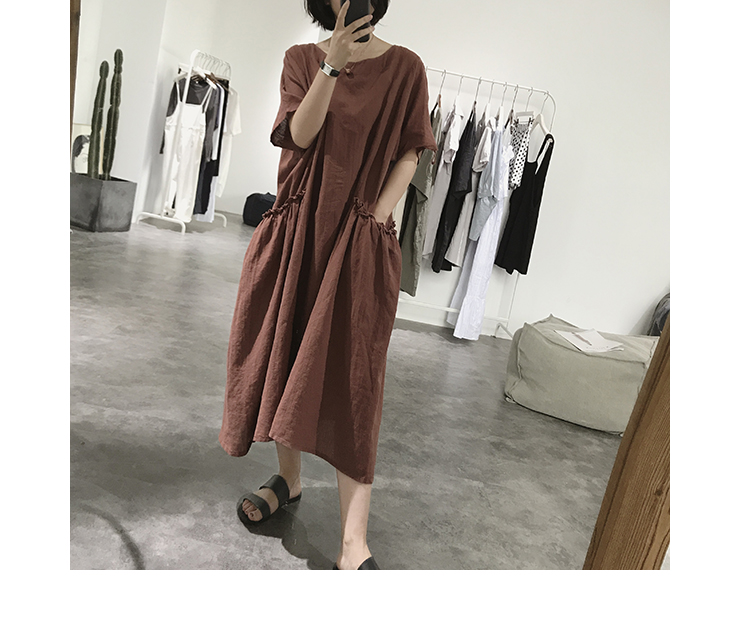 Linen dress nữ mùa hè lỏng kích thước lớn trên đầu gối pocket vòng cổ sack váy văn học ngắn tay cotton và linen dài váy mẫu váy dài tay đẹp