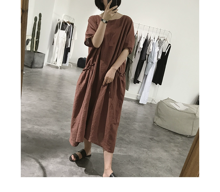 Linen dress nữ mùa hè lỏng kích thước lớn trên đầu gối pocket vòng cổ sack váy văn học ngắn tay cotton và linen dài váy