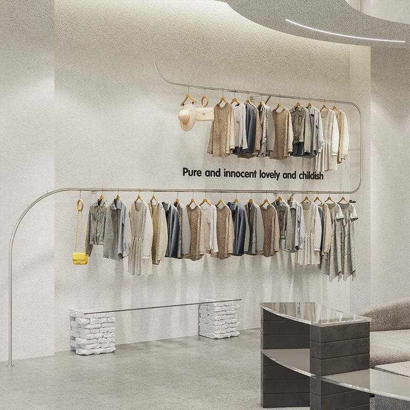 Clothing store clothes rack creative double-layer stainless steel silver hanger women's shelf display rack upper wall display rack