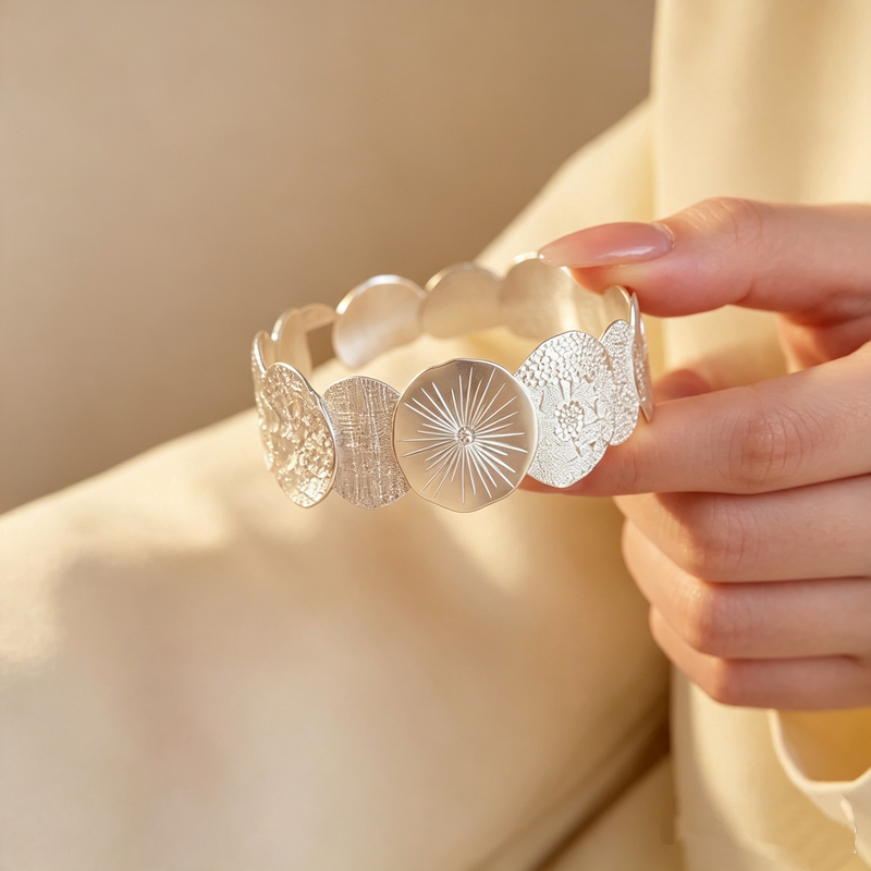 Pure Silver 999 December Bracelet, Vintage Silver Geometric Circular Patchwork Bracelet, Korean Minimalist Style Design