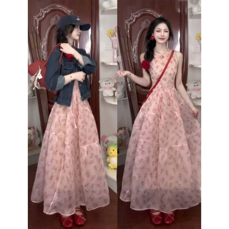 Korean Women's Stand-Collar Denim Jacket, Short Jacket, Bright and Relaxed Style, Organza Floral Vest Dress Two-Piece Set for Autumn