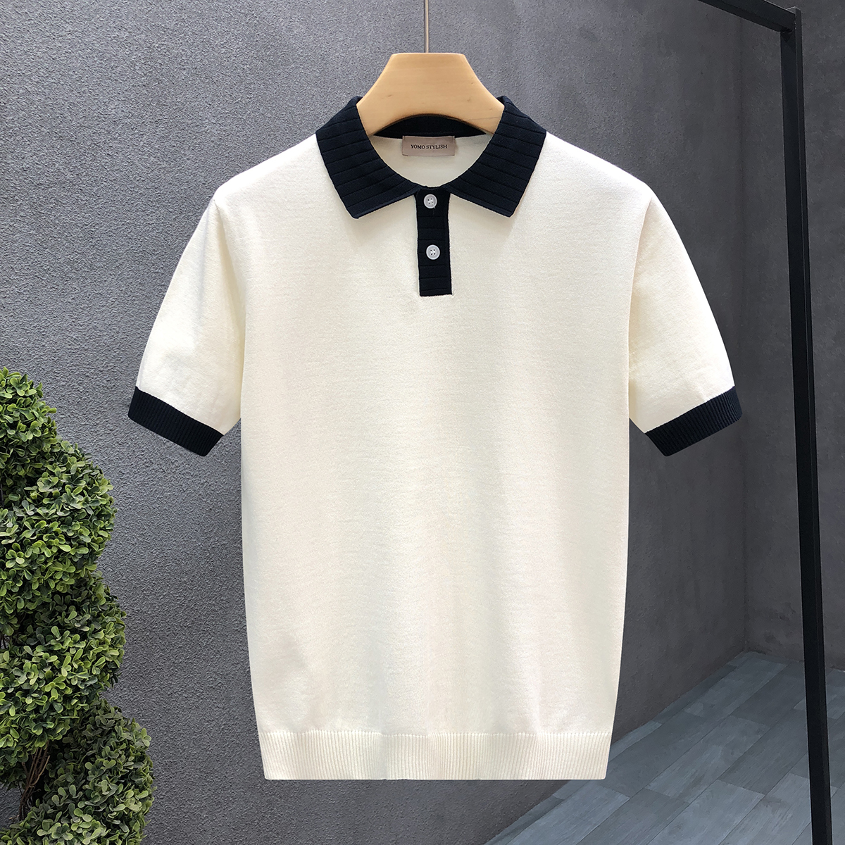 ファッショナブルなハイエンドステッチコントラストカラーポロカラー半袖セーターメンズ夏新作トレンドブランドハンサムニットトップス