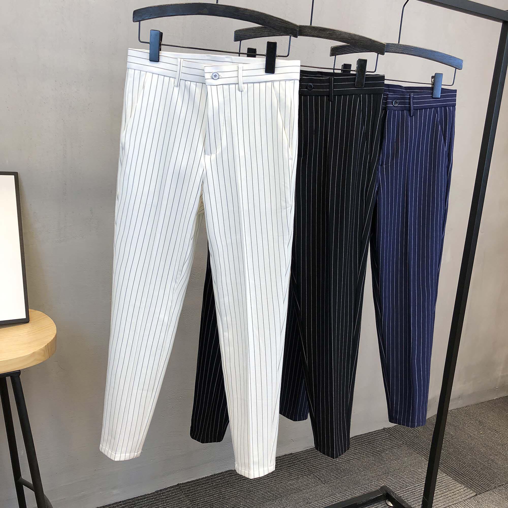Tide Signs Summer White Striped Western Pants Men's Han Version Sashimi 90% Western Pants Handsome PANTS HANDSOME Casual Pants-Taobao