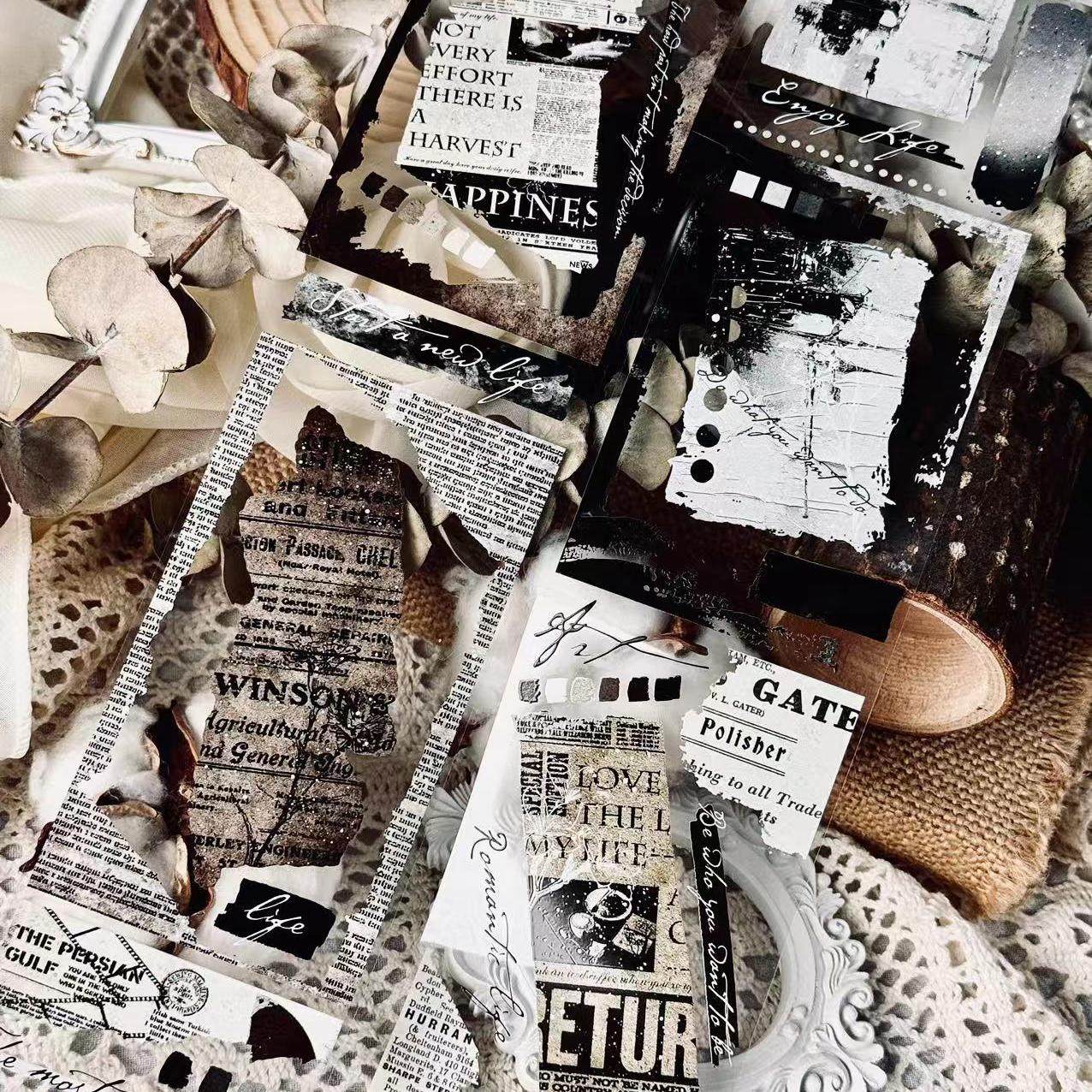 霖蓝汐原创新品【墨韵印花痕】复古花花拼图手账胶带pet胶带整卷