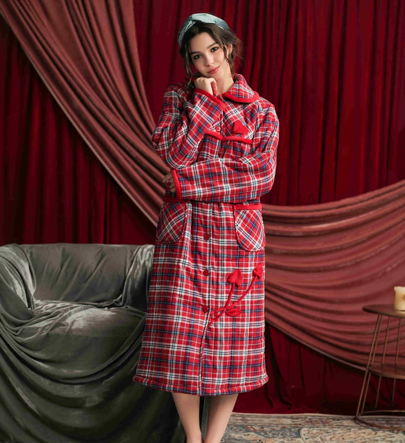 Mai Kế sẽ đích thực mùa đông mới của phụ nữ dệt vải cotton chần bông kẻ sọc dày cộng với áo ngủ cỡ pijama 7658 - Night Robe