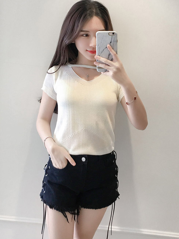 Gamma mát mẻ thời trang mới dành cho nữ kiểu dáng thon gọn màu rắn hoang dã V-cổ ngắn tay áo len mỏng 7485 ao khoac len dep