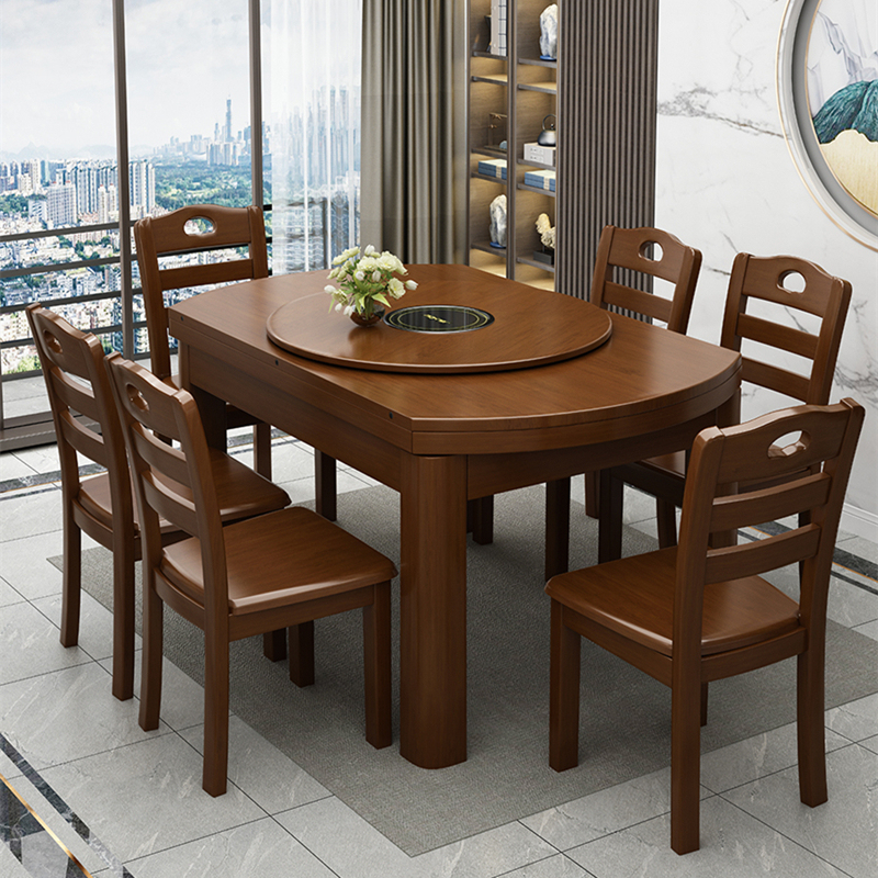 Modern Chinese-Style Solid Wood Dining Table and Chairs, Extendable and Convertible for Both Square and Round Use, Suitable for Small Households, with an Induction Cooker and Turntable