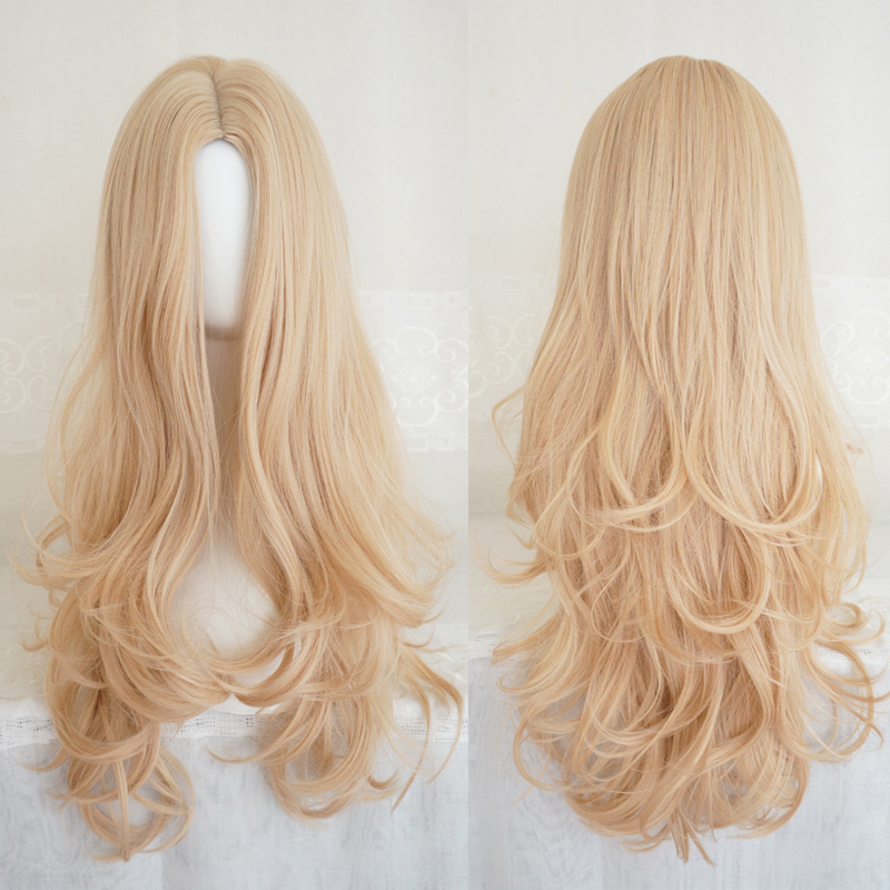 Wig for Women, Long Curly Hair, Big Waves, Middle Part Bangs, Golden High-Temperature Fiber, European and American Harajuku Style, Lolita Style Wig
