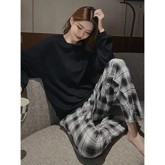 韩版睡衣女带胸垫春秋季可爱学生长袖长裤休闲免穿内衣家居服套装