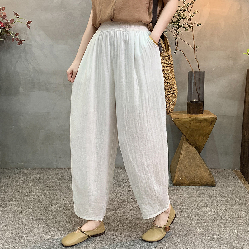 Summer Women's Double-Layer Gauze Cotton High-Waisted Elastic Waist Harem Pants Versatile Slimming Casual Solid Color Lantern Pants Cropped Pants