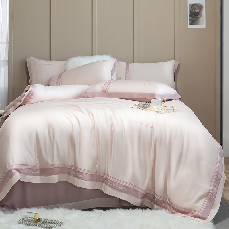 Light and luxurious 80 Lanca Double Sided Tiansilk Four Sets Brief Spring Summer Embroidered Quilt Cover Silk Sliding Naked Bed Bedding