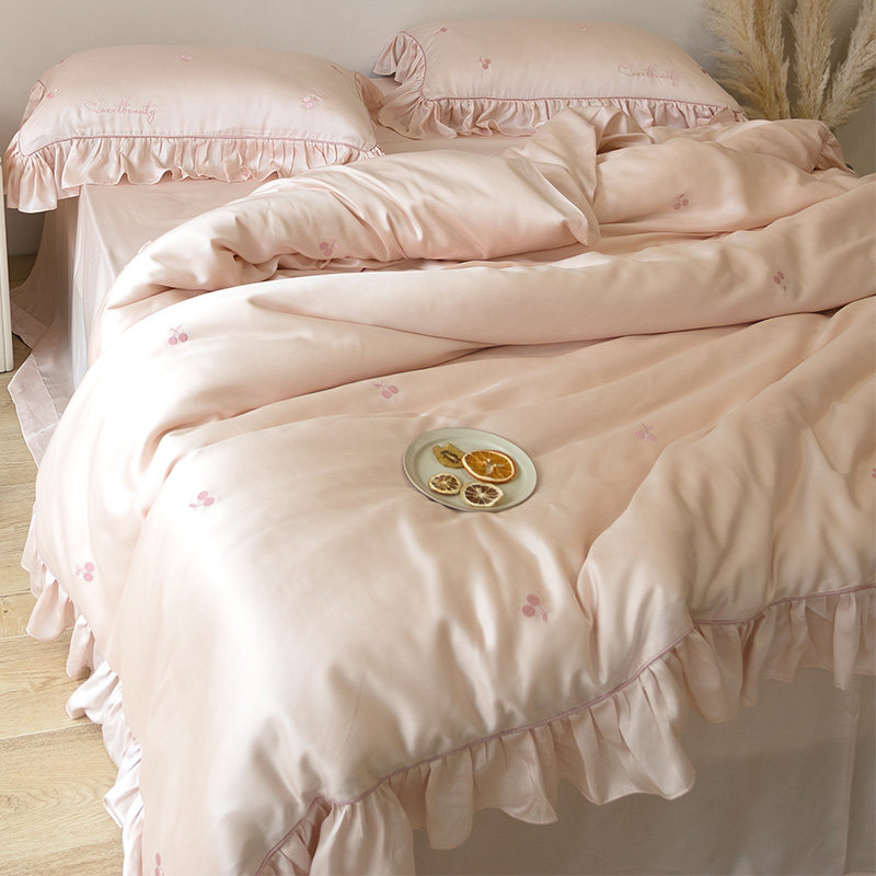 Pink princess wind skin-friendly 80-piece Tencel four-piece set lotus leaf cotton naked sleep summer ice silk bedding