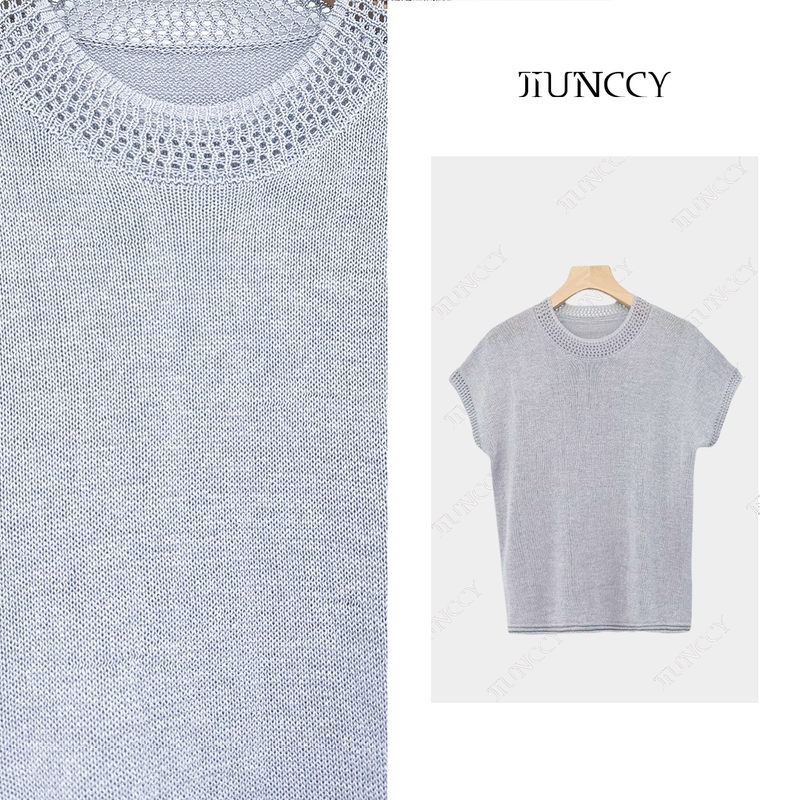 Jiunccy【Huaisi】Imported Japanese Paper Yarn Round-Neck Hollow-Out Raglan Sleeve Knitted Short-Sleeve Top 52Yzz049
