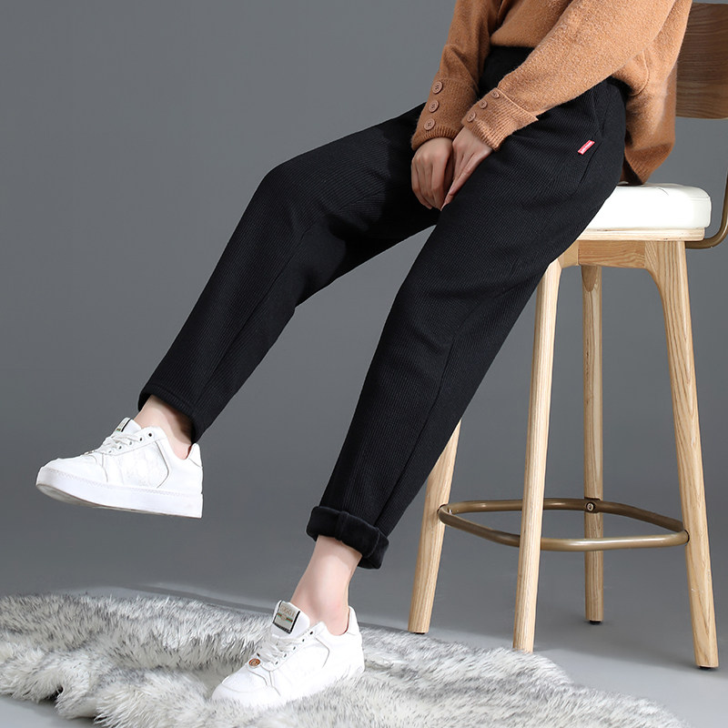Large size waffle plus velvet sweatpants women's winter casual thin and thick straight lob guard pants fat mm200 catties