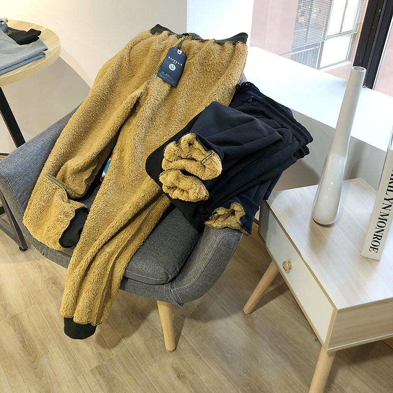 Leg hair in the burning thickened lambskin~autumn and winter men's velvet thickened slim-fit drawstring casual thick cotton pants 2104