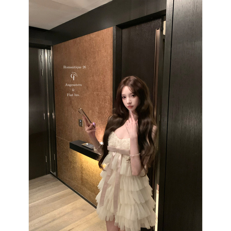 Walking on the Champs-Elysees, Princess Birthday Dress with Handmade Rose Bow, Spaghetti Strap Cake Dress, Elegant Short Skirt