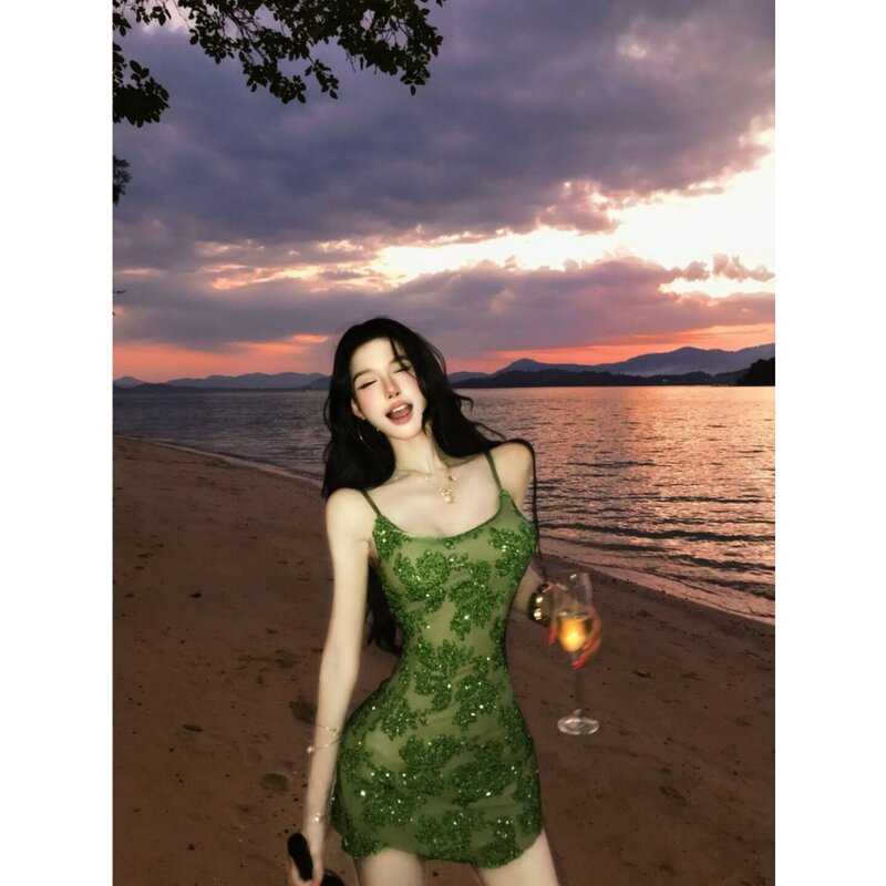 Heavy Sequined Mesh Asymmetrical Strap Dress for Women, Summer Beach Vacation Style, Slim Fit Bodycon Short Dress