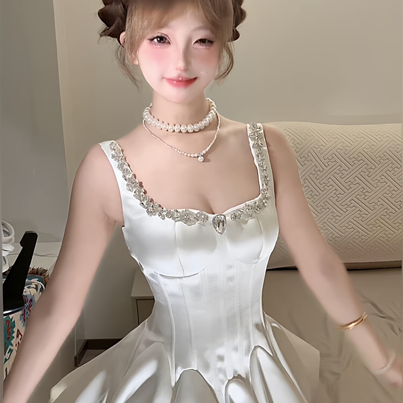 Burjuman Elegant Heroine French-Style Daughter of the Family with Sparkling Diamonds White High-End Dress with Fishbone Puffy Skirt
