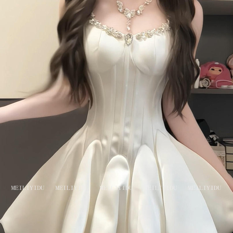Burjuman French-Style High-End Niche Rhinestone Collar White Spaghetti Strap Dress for Women, Waist-Cinching Puffy Princess Dress