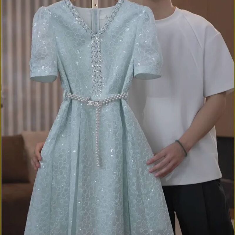 High-End, Stylish, Age-Reducing V-Neck Dress, 2026 Summer, Socialite Heavy-Duty Sequin Splicing Short A-Line Dress High-End, Stylish, Age-Reducing V-Neck Dress, 2026 Summer, Socialite Heavy-Duty Sequin Splicing Short A-Line Dress