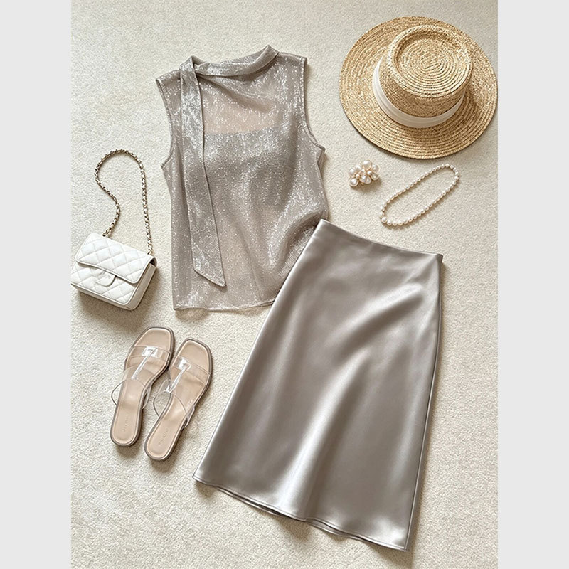 2026 New Summer French Style Mature and Sophisticated Outfit, Gray Ribbon Sequin Top and Satin Skirt Two-Piece Set 2026 New Summer French Style Mature and Sophisticated Outfit, Gray Ribbon Sequin Top and Satin Skirt Two-Piece Set