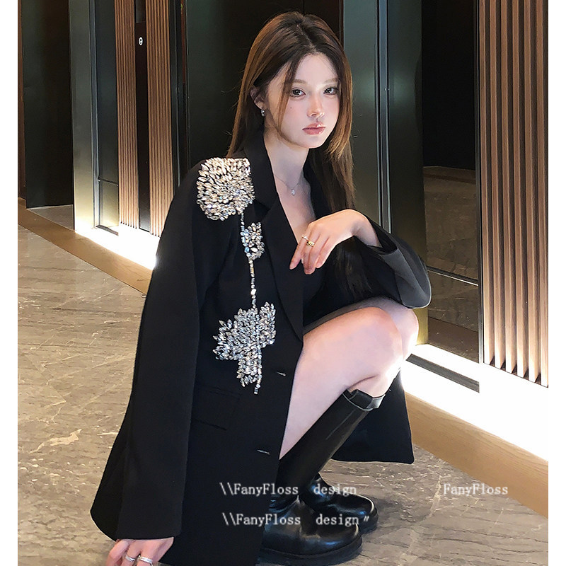 Light Luxury Black Studded Floral Loose Blazer, Elegant Sequin Jacket for Socialites Light Luxury Black Studded Floral Loose Blazer, Elegant Sequin Jacket for Socialites