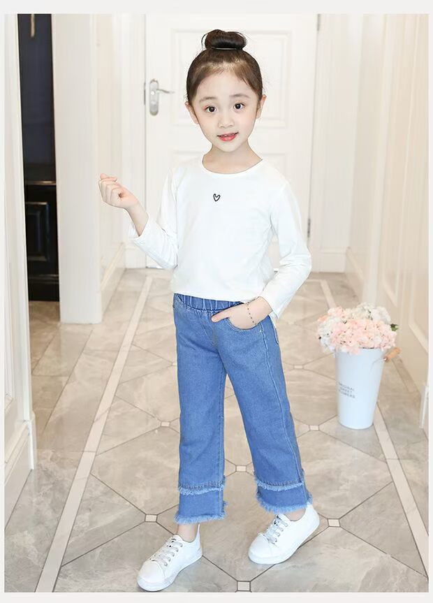 Quần jean nữ 9 mùa xuân hè 2018 mới 10 trẻ em lớn Quần ống rộng Hàn Quốc 12-15 tuổi Quần dài cho bé gái quần bé trai nhung dày