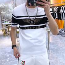 European station 2021 summer new trendy brand slim short sleeve sweater trend youth stripe hot diamond knitted T-shirt men