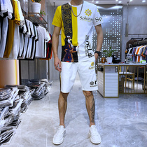 European Station 2021 Tide Brand Personality Contrast Slim Mens Short Sleeve Shorts Set Printed Hot Diamond Casual Two-Piece Set
