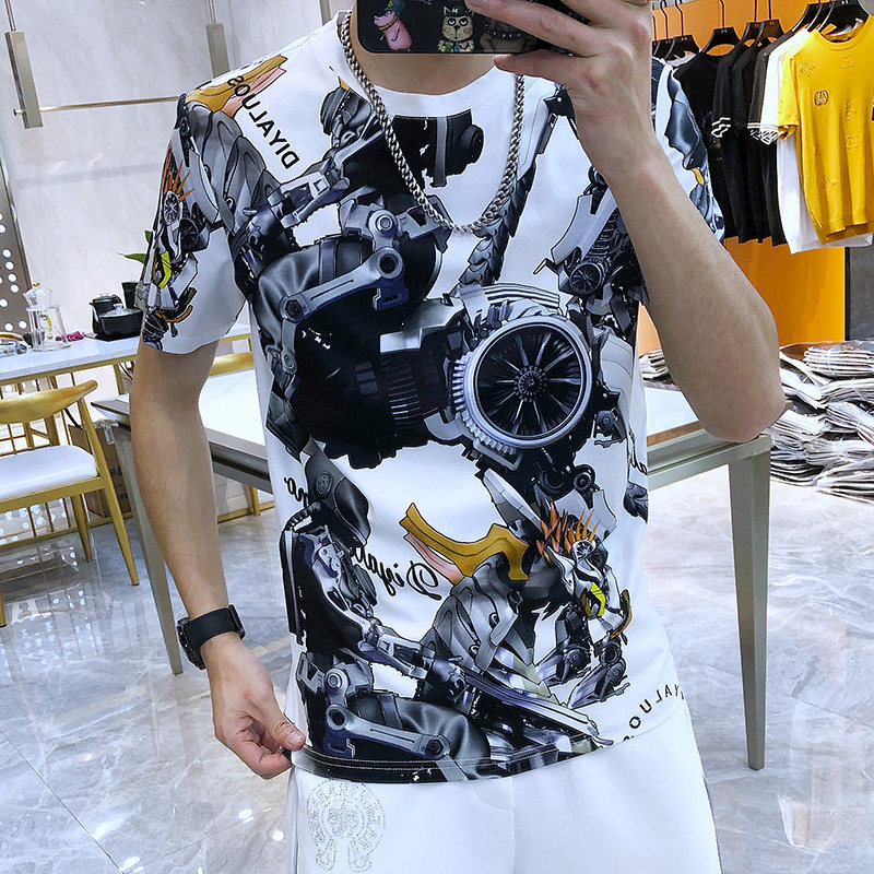 European station 2021 summer new men's tide brand T slim personality ice silk robot printing trend short-sleeved t-shirt