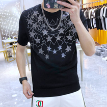 European station summer new trendy brand mens slim short sleeve sweater starry hot diamond knitting trend ice silk T-shirt