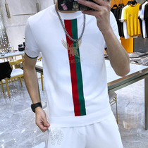 European Station Summer New Tide Brand Mens Slim Short Sleeve Sweater Striped Golden Bull Hot Diamond Ice Shirt T-shirt base shirt
