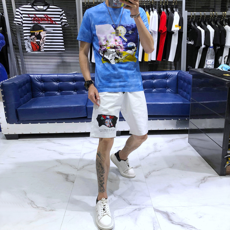 European station 2020 men's summer new short-sleeved shorts suit personality slim printing trend casual two-piece