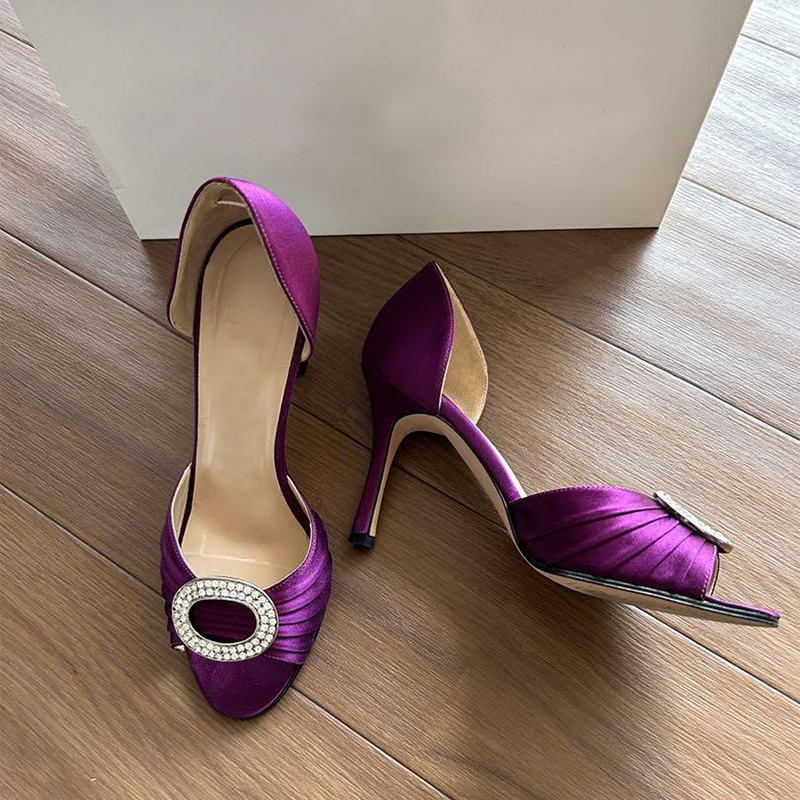 Medieval-Style Purple Rhinestone Fish-Mouth High Heels, Vintage Wedding Shoes, Sex and the City Style Satin High Heels, Fashionable Shoes