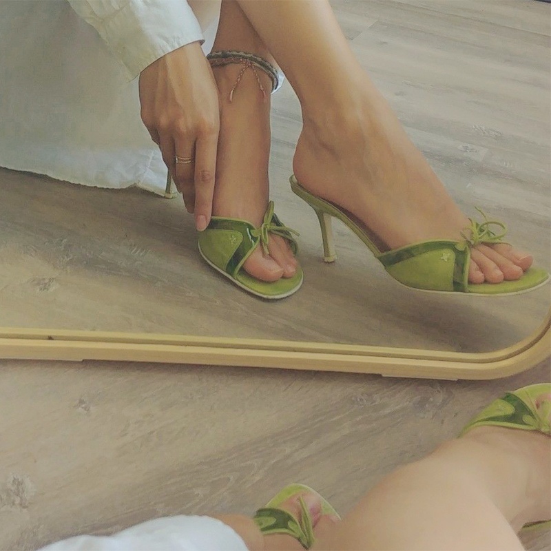 In-Stock Vintage Second-Hand Sandals Olive Green Elegant Stiletto Bow High-Heeled Mules French Peep-Toe Shoes