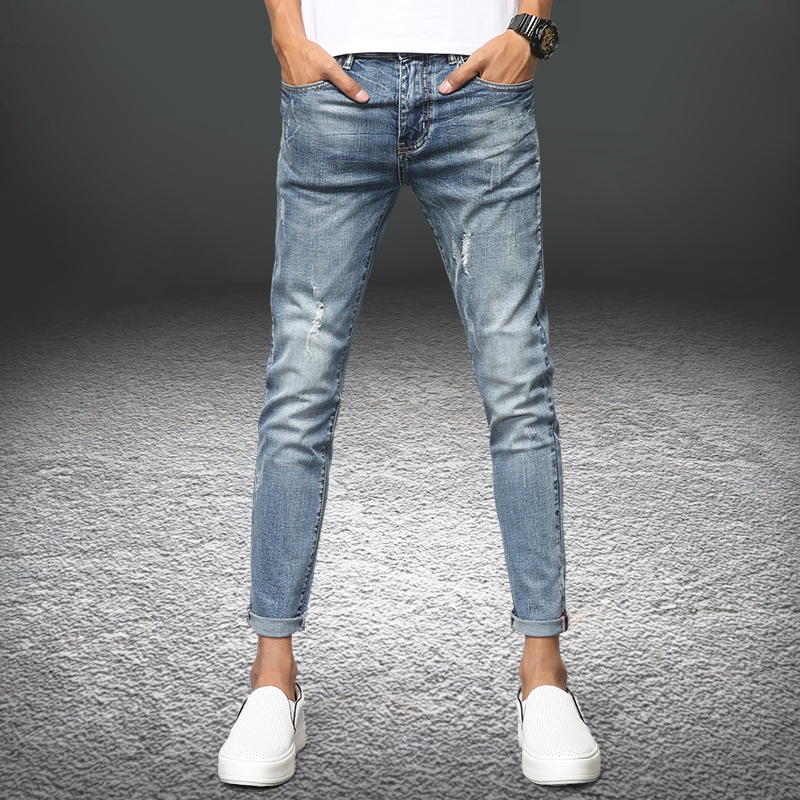 Tide brand 2018 summer thin men's nine-point jeans Korean version of slim feet light color ripped beggar pants