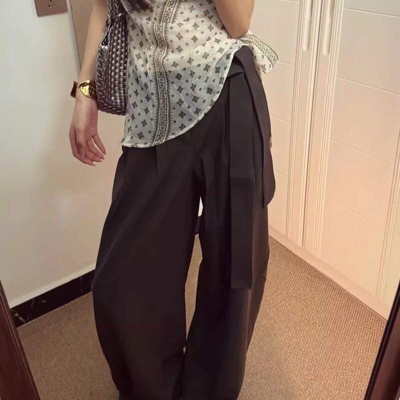 Someone Sometimes Old Money Drapey Silhouette Wide Waistband Patchwork Tie-Up Pleated Wide-Leg Suit Pants